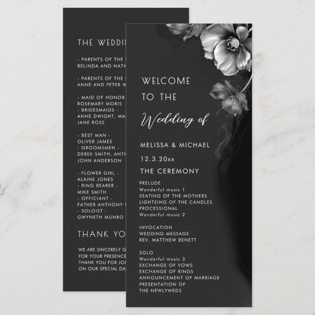 Silberne schwarze Blumenhochzeit Programm (Vorne/Hinten)