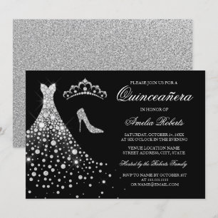 Silberne Schwarze Diamant-Krone Quinceanera Einladung