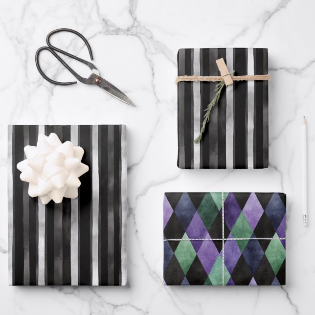 Silberne schwarze Streifen Hochzeit Geschenkpapier Set (Vorderseite)