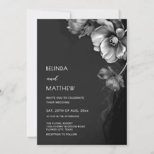 Silberne schwarze und weiße Blumen Hochzeit Einladung