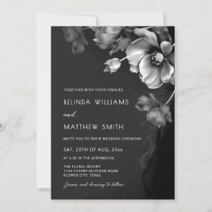 Silberne schwarze und weiße Blumen Hochzeitseinlad Einladung