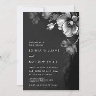 Silberne schwarze und weiße Blumen Hochzeitseinlad Einladung