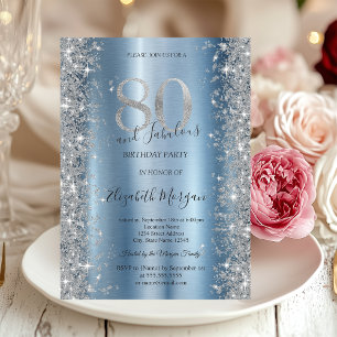 Silberne Sparkle-Diamanten Blau 80. Geburtstag Einladung
