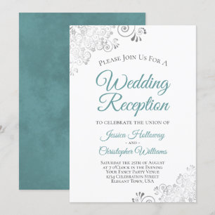 Silberne Spitzen-Hochzeitsempfang in Teal und Weiß Einladung