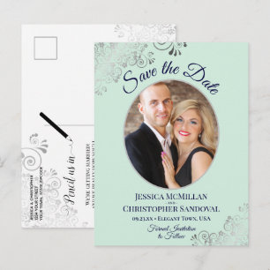Silberne Spitzen-Mint-Navy-Hochzeit Termin Foto Ankündigungspostkarte