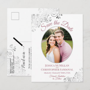 Silberne & Staubige Rose Hochzeit Foto zur Voraban Ankündigungspostkarte