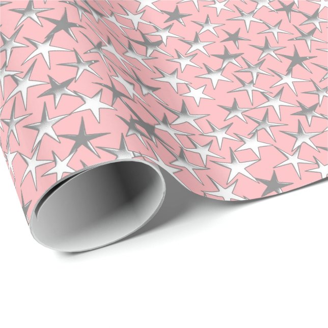 Silberne Sterne, auf Muschelrosa Geschenkpapier (Rolleneckpunkt)