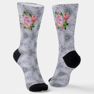 Silberne Sterne und rosa Rosen Socken