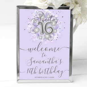 Silberne Sweet 16 Ballons Lila Willkommensschild Poster