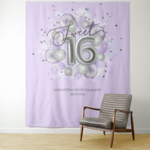 Silberne Sweet 16 Bday Ballons Lavendel Hintergrun Wandteppich