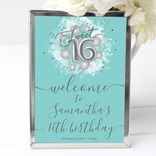 Silberne Sweet 16 Geburtstagsballons Teal Willkomm Poster