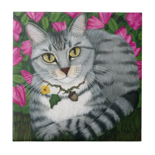 Silberne Tabby-Katzen-Garten-Katzen-Kunst-Fliese Fliese