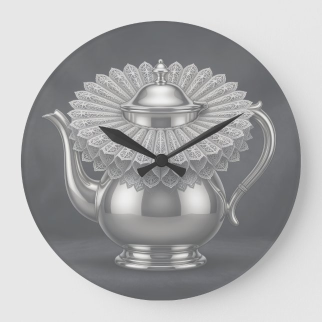 Silberne Teekanne & spitzenbesetzte Rüsche Einziga Große Wanduhr (Vorderseite)