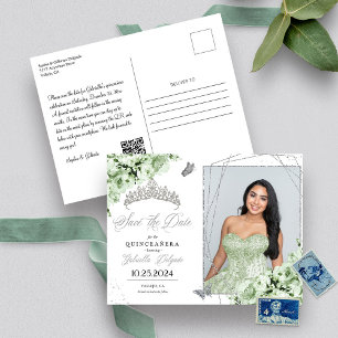 Silberne Tiara-Quinceañera-Fotokarte in Salbeigrün Postkarte