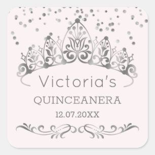 Silberne Tiara, Tupfen Confetti Quinceanera Quadratischer Aufkleber