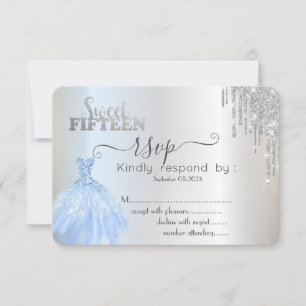 Silberne Tröpfchen Blaues Kleid Sweet 15 RSVP Ein Einladung