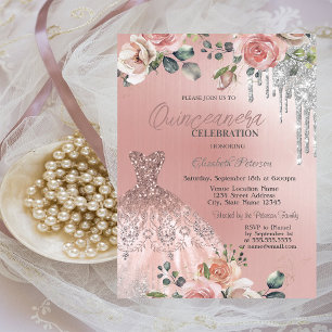 Silberne Tropfen, Kleid, Rosen Rosa Quinceanera Einladung