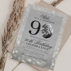 Silberne ÜBERRASCHUNG Foto Glam 90. Geburtstag  Einladung