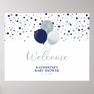 Silberne und blaue Ballons Moderne Babyparty Begrü Poster