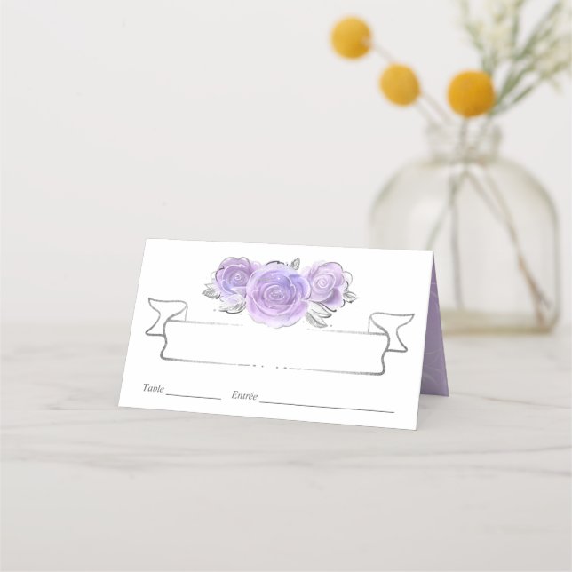 Silberne und hellviolette Rosen Elegant Platzkarte (Vorderseite)