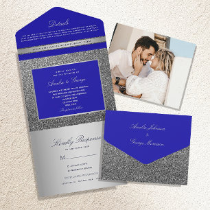 Silberne und königliche blaue Luxus-Hochzeit All In One Einladung