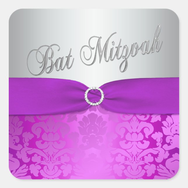 Silberne und Lila Damask Bat Mitzvah Sticker (Vorderseite)