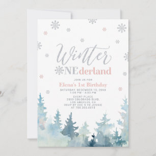 Silberne und rosa Winter-Wunderland 1. Geburtstags Einladung