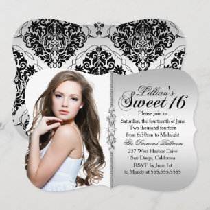 Silberne und schwarze Juwel Damast Sweet 16 Geburt Einladung