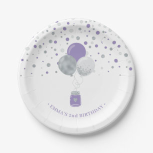 Silberne und violette Konfetti-Balloons Geburtstag Pappteller