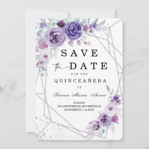 Silberne und violette Save the Date Quinceañera Einladung