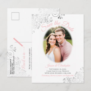 Silberne Verzierungen mit Foto Rosa Hochzeit Termi Ankündigungspostkarte