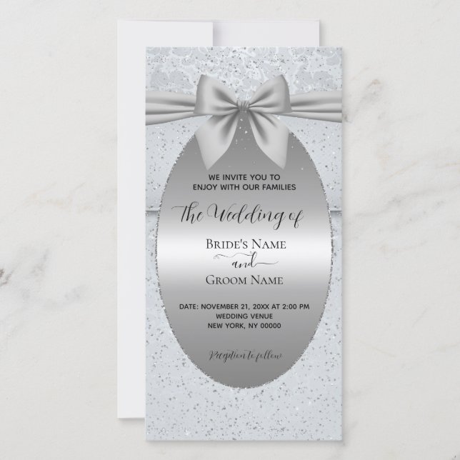 Silberne Vintage-Hochzeitseinladung mit Schleife (Vorderseite)