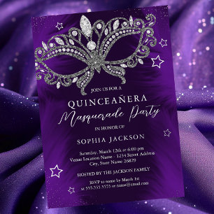 Silberne Violette Maskerade Maske Stern Quinceaner Folieneinladung