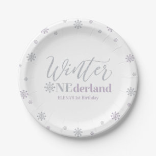 Silberne & violette Winter-Onederland-Geburtstagsf Pappteller