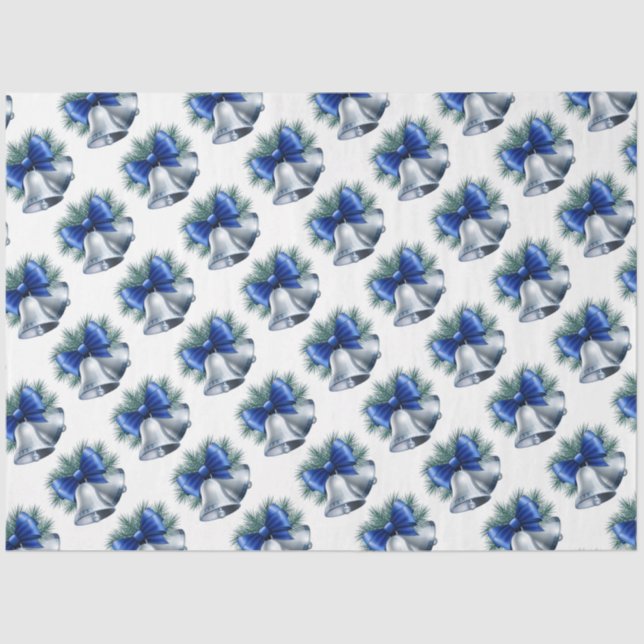 Silberne Weihnachtsglocken mit Blue Bow Seidenpapier (Vorderseite)