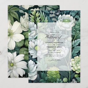 Silberne, weiße und dunkelgrüne Blumenhochzeit Einladung