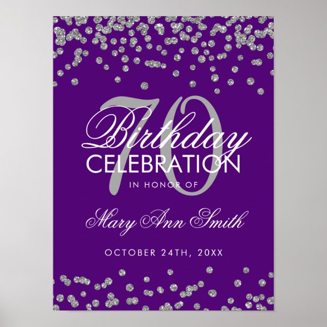 Silberner 70. Geburtstag Glitzer Confetti Lila Poster (Vorne)