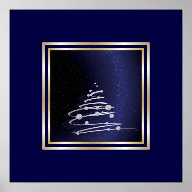 Silberner Abstrakter Weihnachtsbaum auf blau Poster (Vorne)