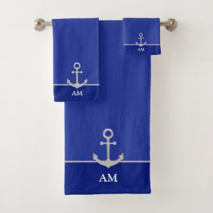 Silberner Anker & Monogramm auf Tiefblau Badhandtuch Set