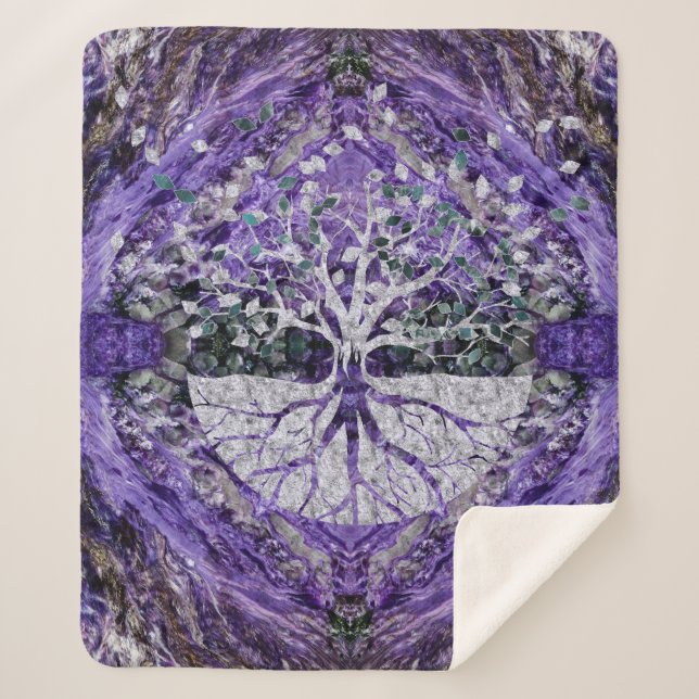 Silberner Baum des Lebens Yggdrasil auf Amethyst Sherpadecke (Vorderseite)