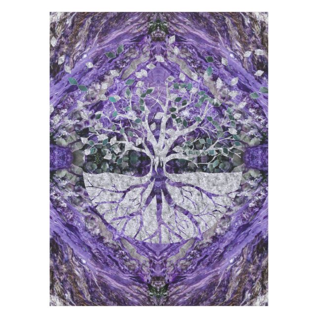 Silberner Baum des Lebens Yggdrasil auf Amethyst Tischdecke (Vorderseite)