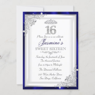 Silberner Blau Diamant Damast & Tiara Sweet 16 Ein Einladung