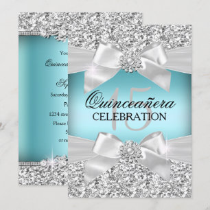 Silberner Blau Glitter & Juwel-Bogen Quinceanera Einladung