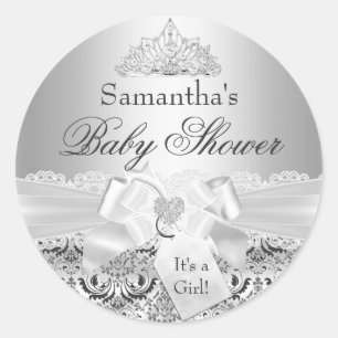 Silberner Damast & Tiara Baby Shower Aufkleber