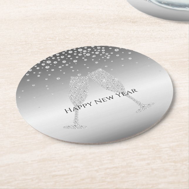 Silberner Diamant Glitzer Champagnerglas Neujahr Runder Pappuntersetzer (Angewinkelt)