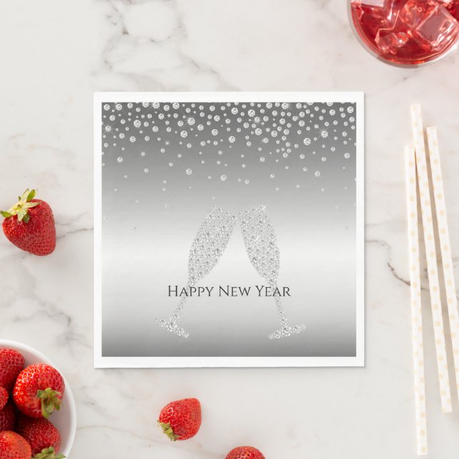 Silberner Diamant Glitzer Champagnerglas Neujahr Serviette (Beispiel)