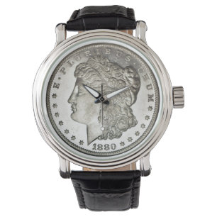 Silberner Dollar-Bild Morgans auf Uhr-Gesicht Armbanduhr