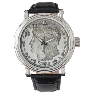 Silberner Dollar-Bild Morgans auf Uhr mit Zahlen