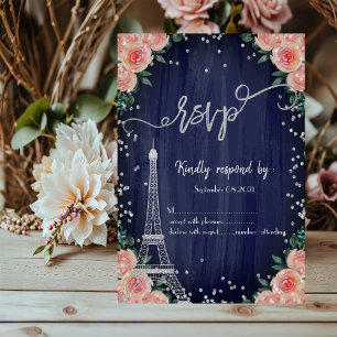 Silberner Eiffelturm Diamanten Floral Navy Blau RS Einladung