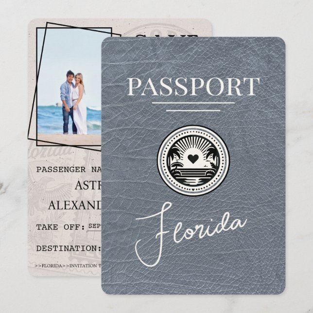 Silberner Florida Reisepass Save The Date (Vorne/Hinten)